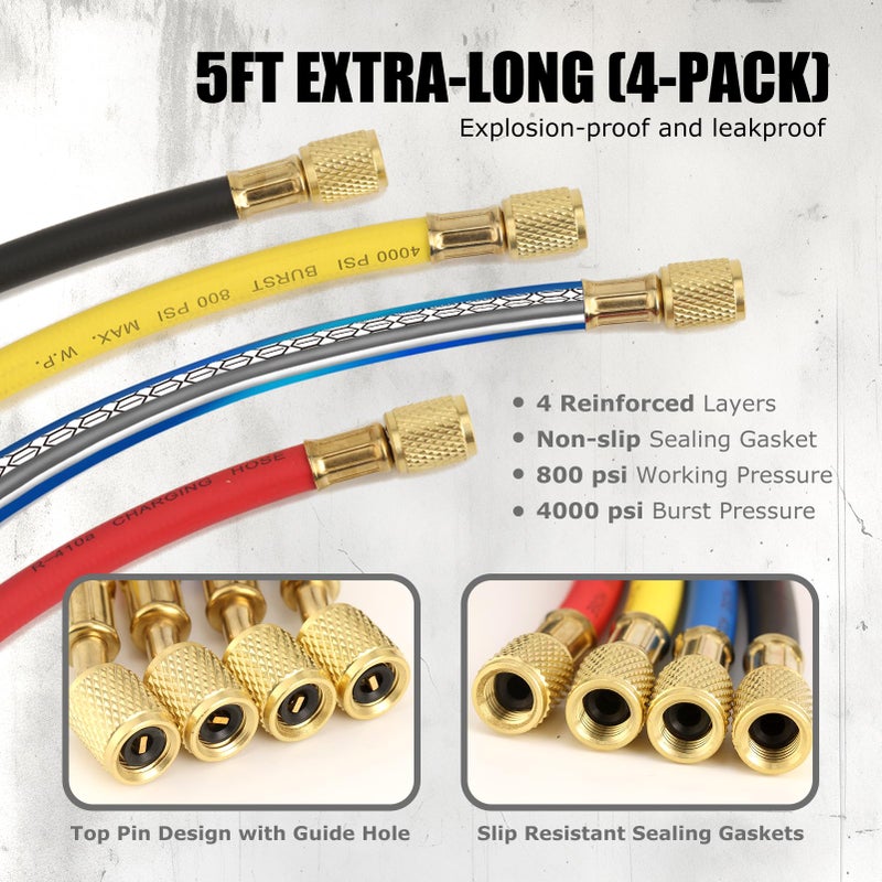 AURELIO TECH UPGRATED Version 4 Way A/C Manifold Gauge Set Fits R134A R410A R404A R22 Refrigerants with 5FT Hose, 3 Acme Tank Adapters, Adjustable Couplers and Can Tap - Image 4